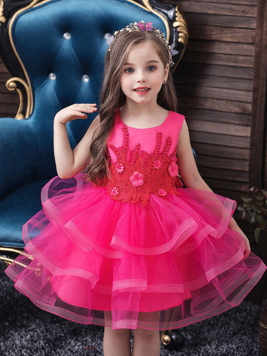 Jewel Neck Tulle Sleeveless Short Princess Beaded Kids Party Dresses-showprettydress