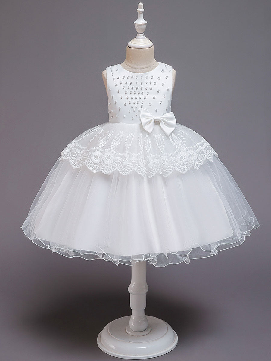 Jewel Neck Tulle Sleeveless Short Princess Bows Formal Kids Pageant flower girl dresses-showprettydress