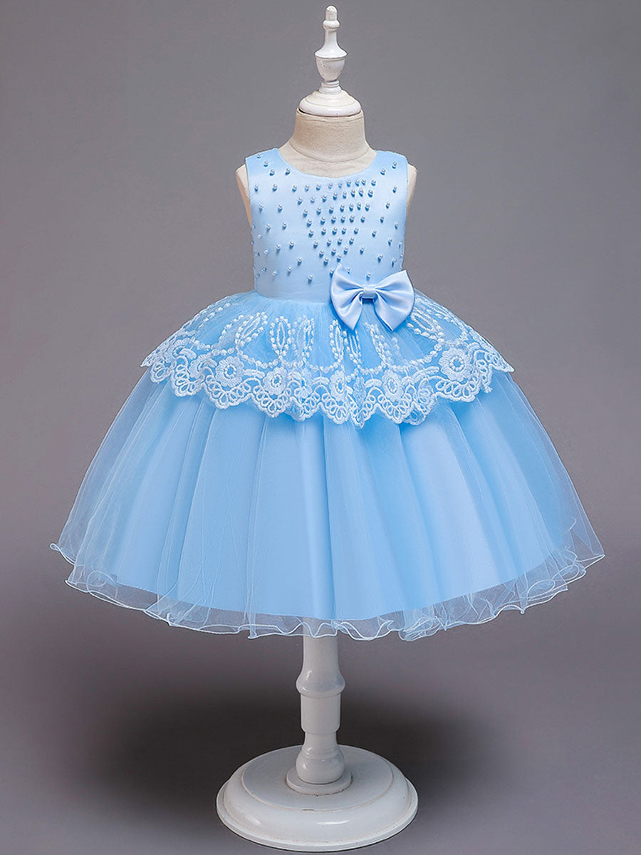 Jewel Neck Tulle Sleeveless Short Princess Bows Formal Kids Pageant flower girl dresses-showprettydress