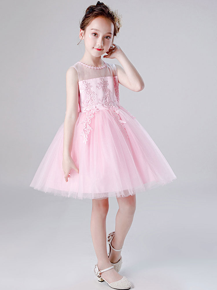 Jewel Neck Tulle Sleeveless Short Princess Embroidered Kids Social Party Dresses-showprettydress