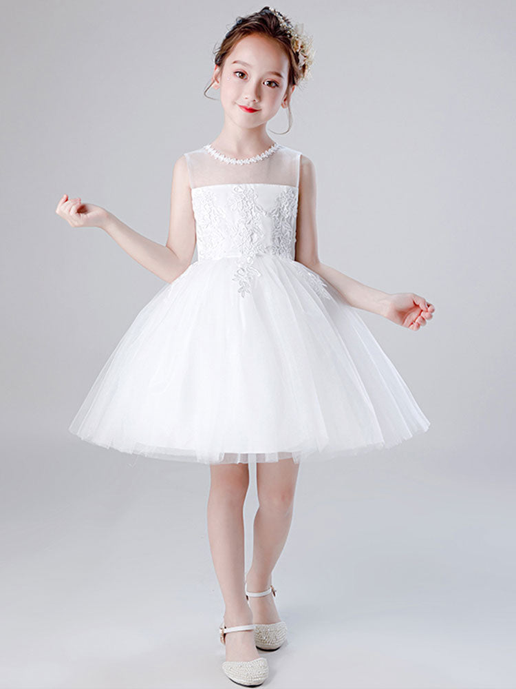 Jewel Neck Tulle Sleeveless Short Princess Embroidered Kids Social Party Dresses-showprettydress