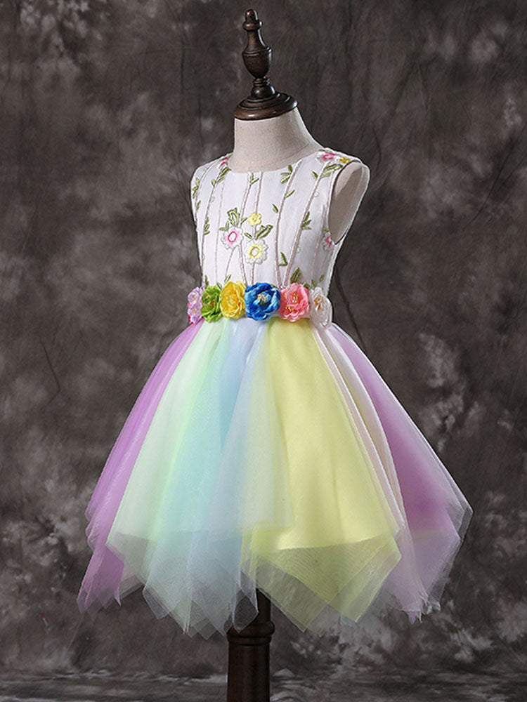 Jewel Neck Tulle Sleeveless Short Sash Princess Embroidered Kids Social Party Dresses-showprettydress