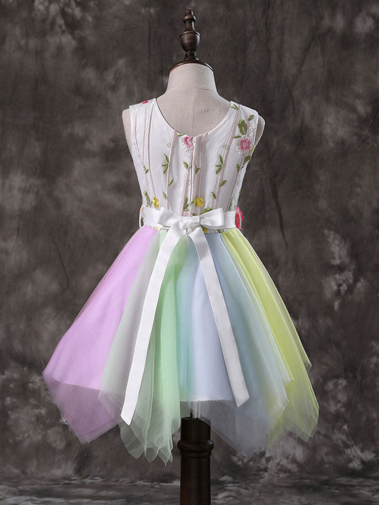 Jewel Neck Tulle Sleeveless Short Sash Princess Embroidered Kids Social Party Dresses-showprettydress