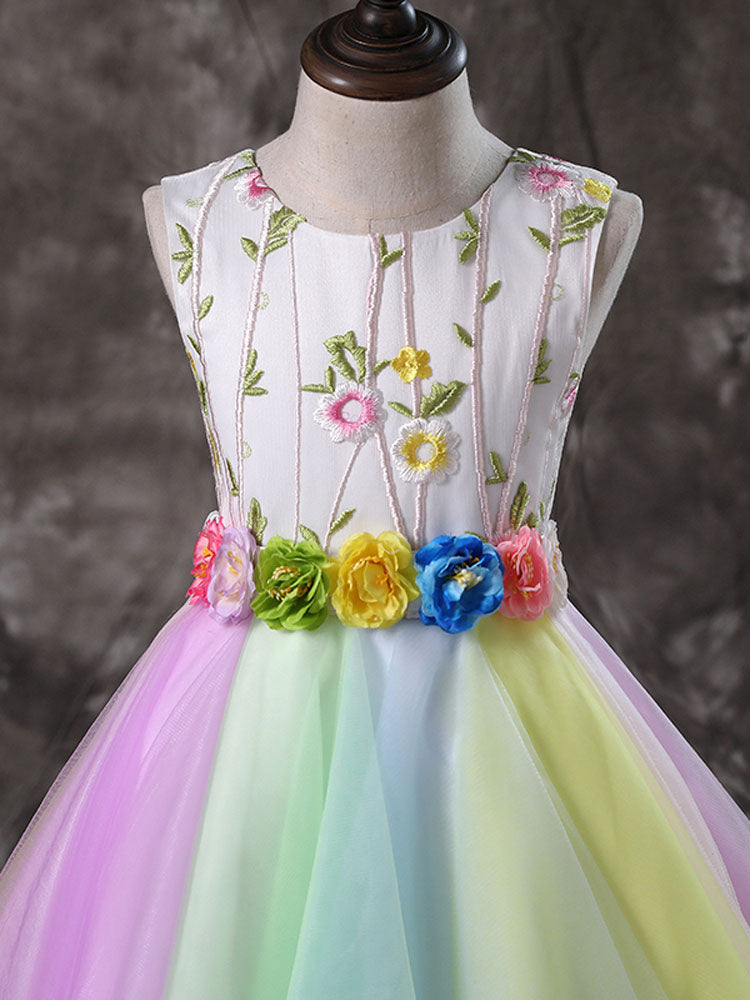 Jewel Neck Tulle Sleeveless Short Sash Princess Embroidered Kids Social Party Dresses-showprettydress