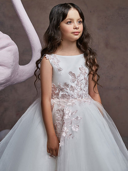 Jewel Neck Tulle Sleeveless Sweep Princess Embroidered Formal Kids Pageant flower girl dresses-showprettydress