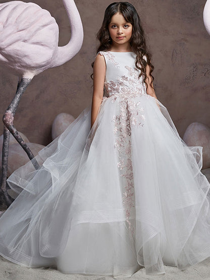 Jewel Neck Tulle Sleeveless Sweep Princess Embroidered Formal Kids Pageant flower girl dresses-showprettydress