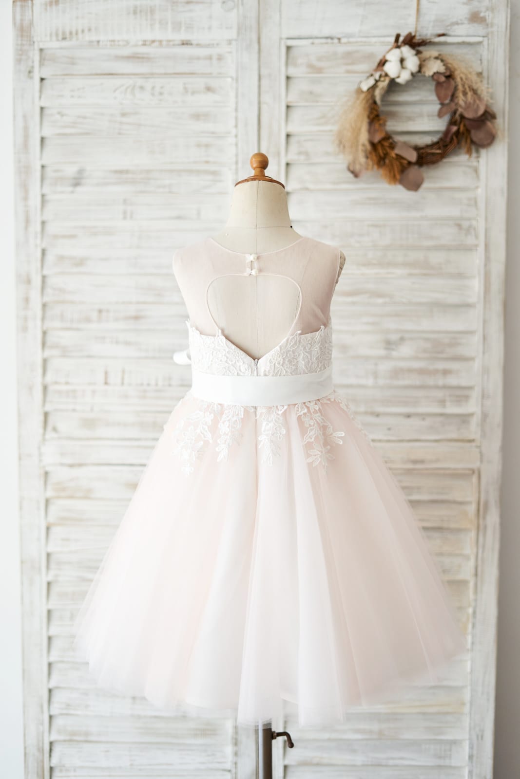 Keyhole Back Ivory Lace Pink Tulle Wedding Flower Girl Dress