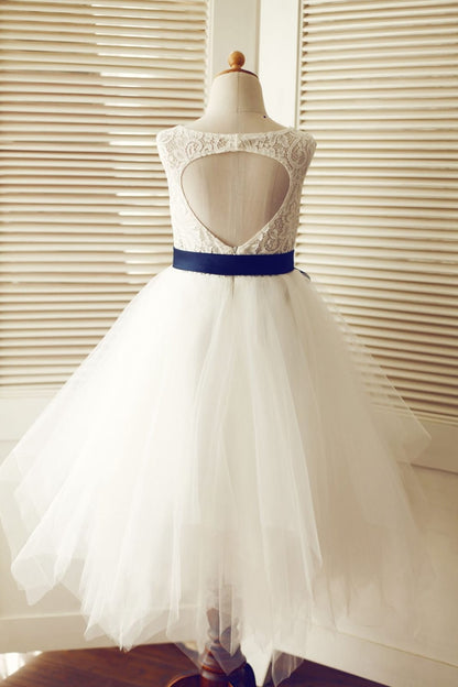 Keyhole Ivory Lace Tulle Wedding Flower Girl Dress / Navy 