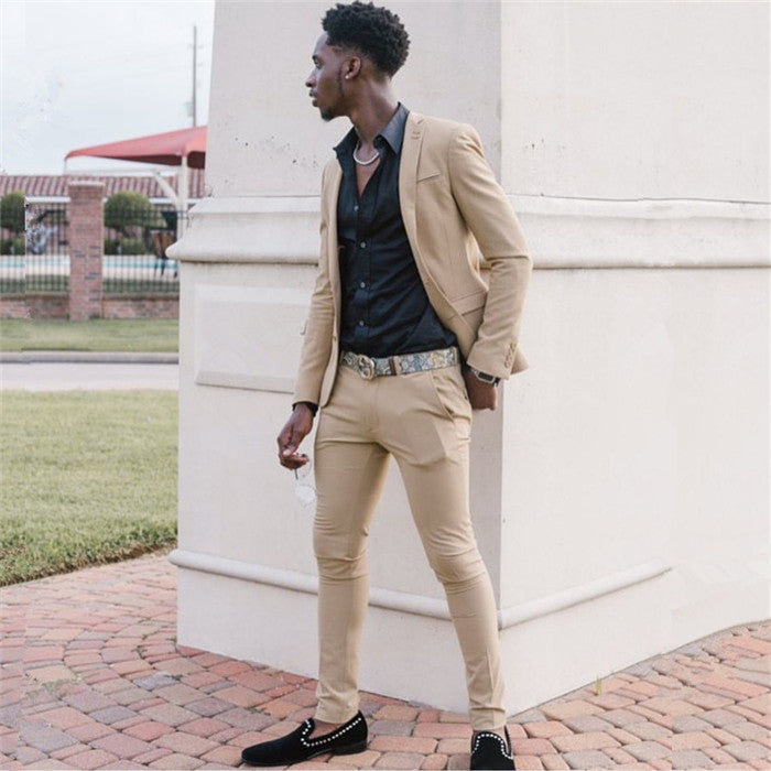 Khaki Slim Fit Two Piece Men Suit-showprettydress