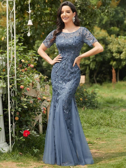 Krystal leaf pattern dress with sequins in dusky navy size 8-10 Express NZ wide - Bay Bridal and Ball Gowns