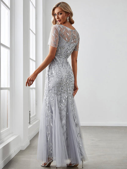 Krystal sequin leaf pattern dress in silver Express NZ wide - Bay Bridal and Ball Gowns