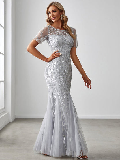 Krystal sequin leaf pattern dress in silver Express NZ wide - Bay Bridal and Ball Gowns