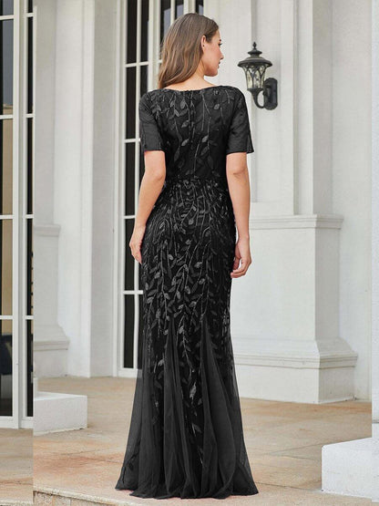 Krystal tulle embroidered leaf pattern dress with sequins in darker colors - Bay Bridal and Ball Gowns