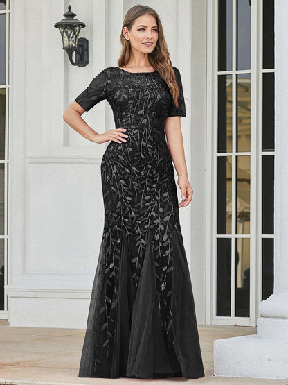 Krystal tulle embroidered leaf pattern dress with sequins in darker colors - Bay Bridal and Ball Gowns