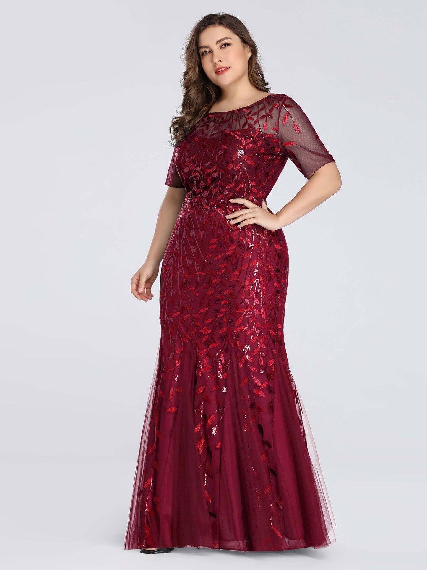 Krystal tulle embroidered leaf pattern dress with sequins in darker colors - Bay Bridal and Ball Gowns