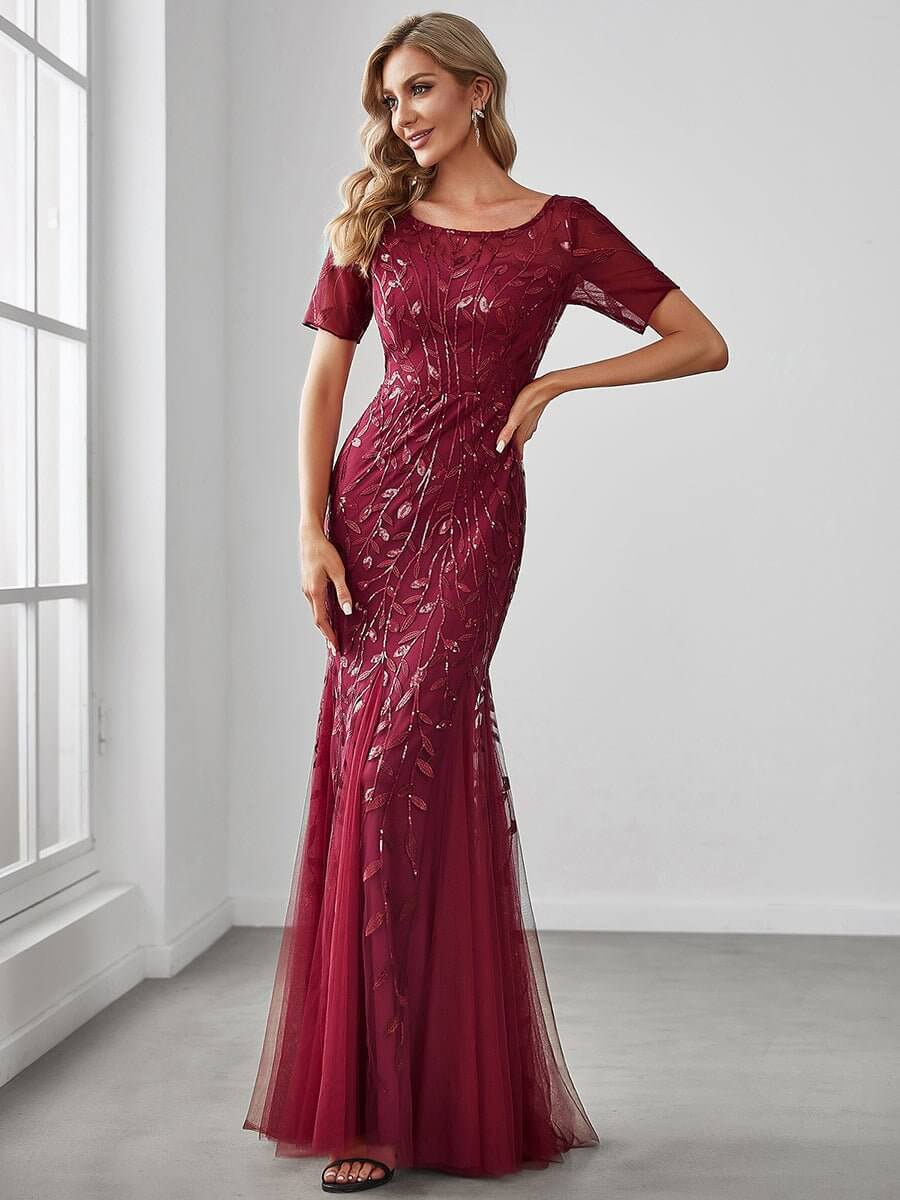 Krystal tulle embroidered leaf pattern dress with sequins in darker colors - Bay Bridal and Ball Gowns