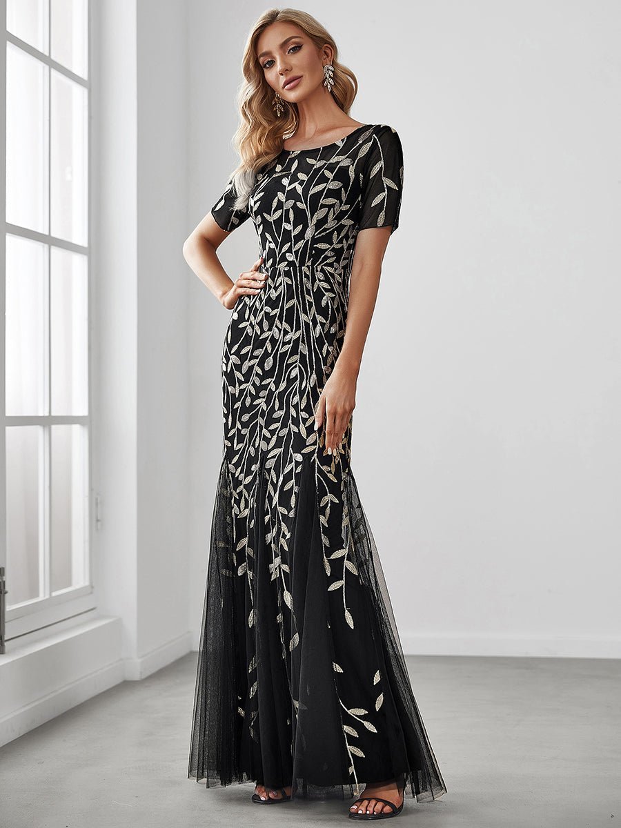 Krystal tulle embroidered leaf pattern dress with sequins in darker colors - Bay Bridal and Ball Gowns