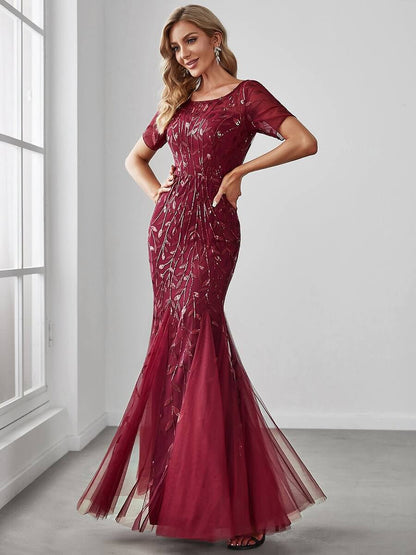 Krystal tulle embroidered leaf pattern dress with sequins in darker colors - Bay Bridal and Ball Gowns