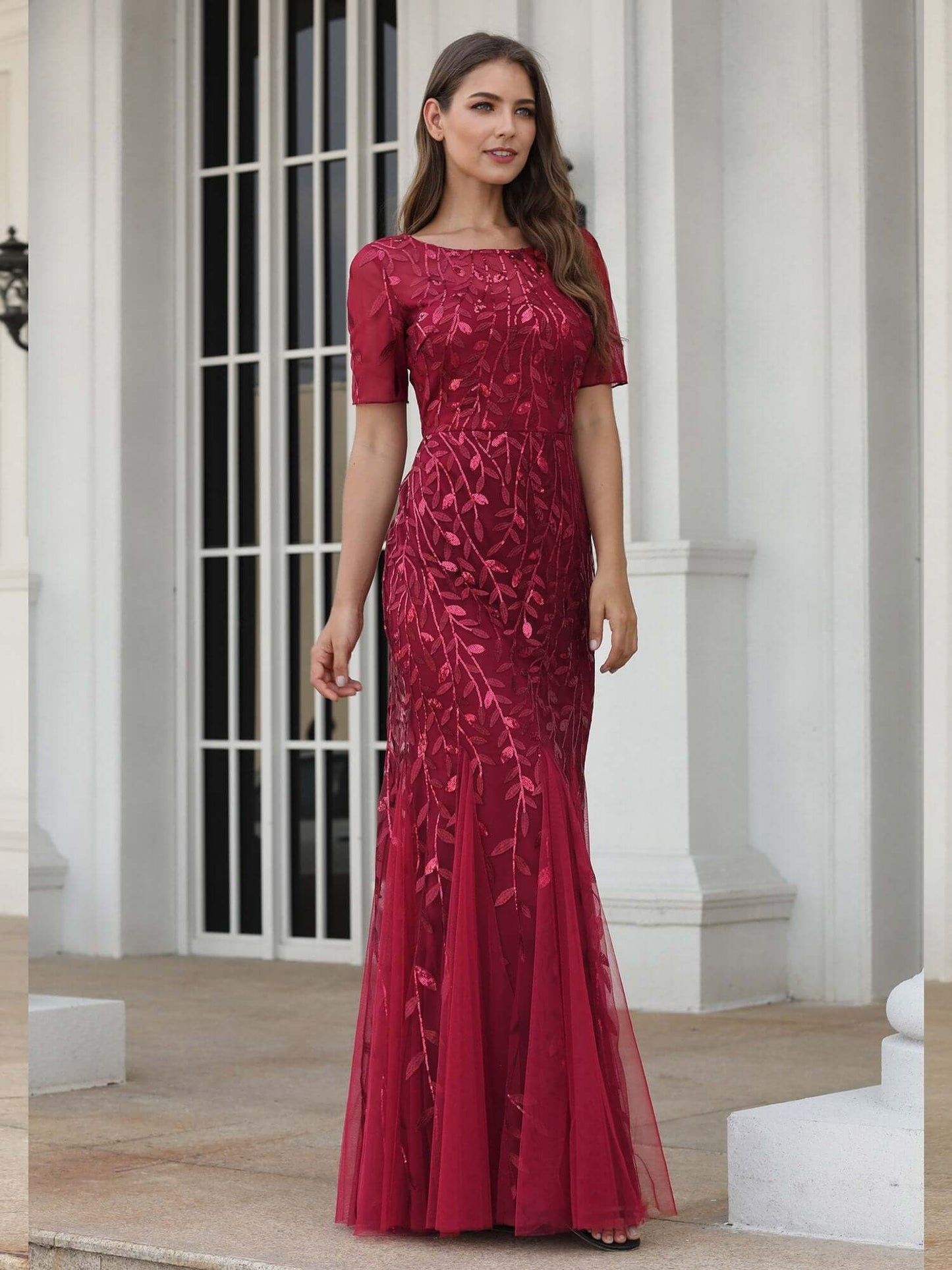 Krystal tulle embroidered leaf pattern dress with sequins in darker colors - Bay Bridal and Ball Gowns