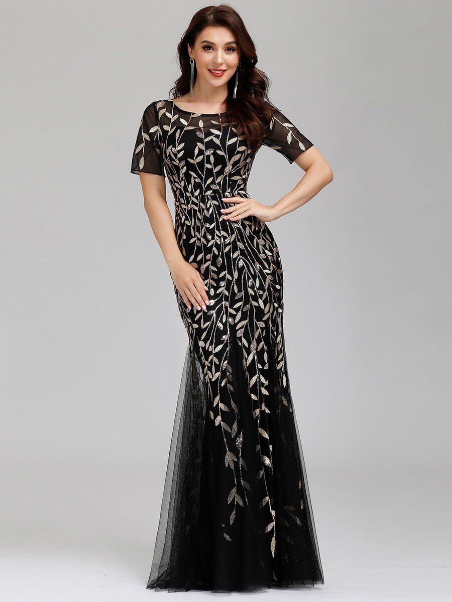 Krystal tulle embroidered leaf pattern dress with sequins in darker colors - Bay Bridal and Ball Gowns