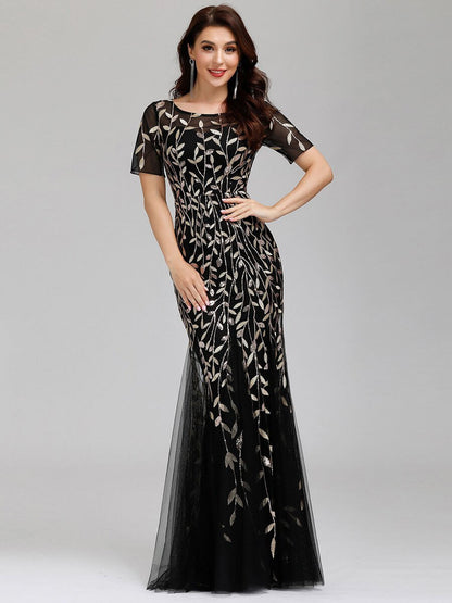 Krystal tulle embroidered leaf pattern dress with sequins in darker colors - Bay Bridal and Ball Gowns