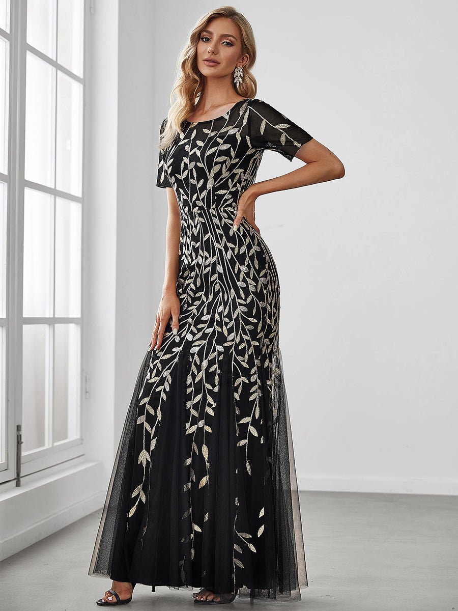 Krystal tulle embroidered leaf pattern dress with sequins in darker colors - Bay Bridal and Ball Gowns