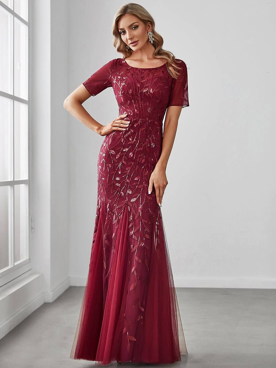 Krystal tulle embroidered leaf pattern dress with sequins in darker colors - Bay Bridal and Ball Gowns