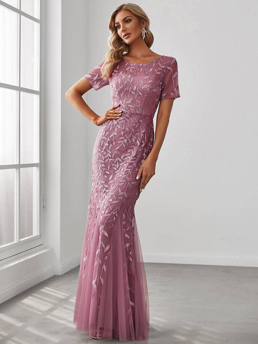 Krystal tulle embroidered leaf pattern dress with sequins in lighter colors - Bay Bridal and Ball Gowns