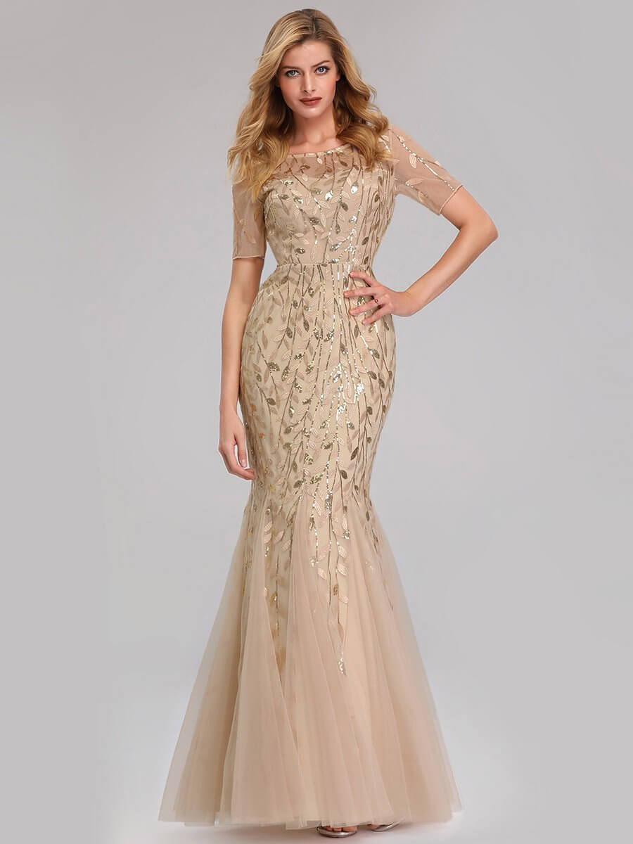 Krystal tulle embroidered leaf pattern dress with sequins in lighter colors - Bay Bridal and Ball Gowns