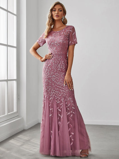 Krystal tulle embroidered leaf pattern dress with sequins in lighter colors - Bay Bridal and Ball Gowns