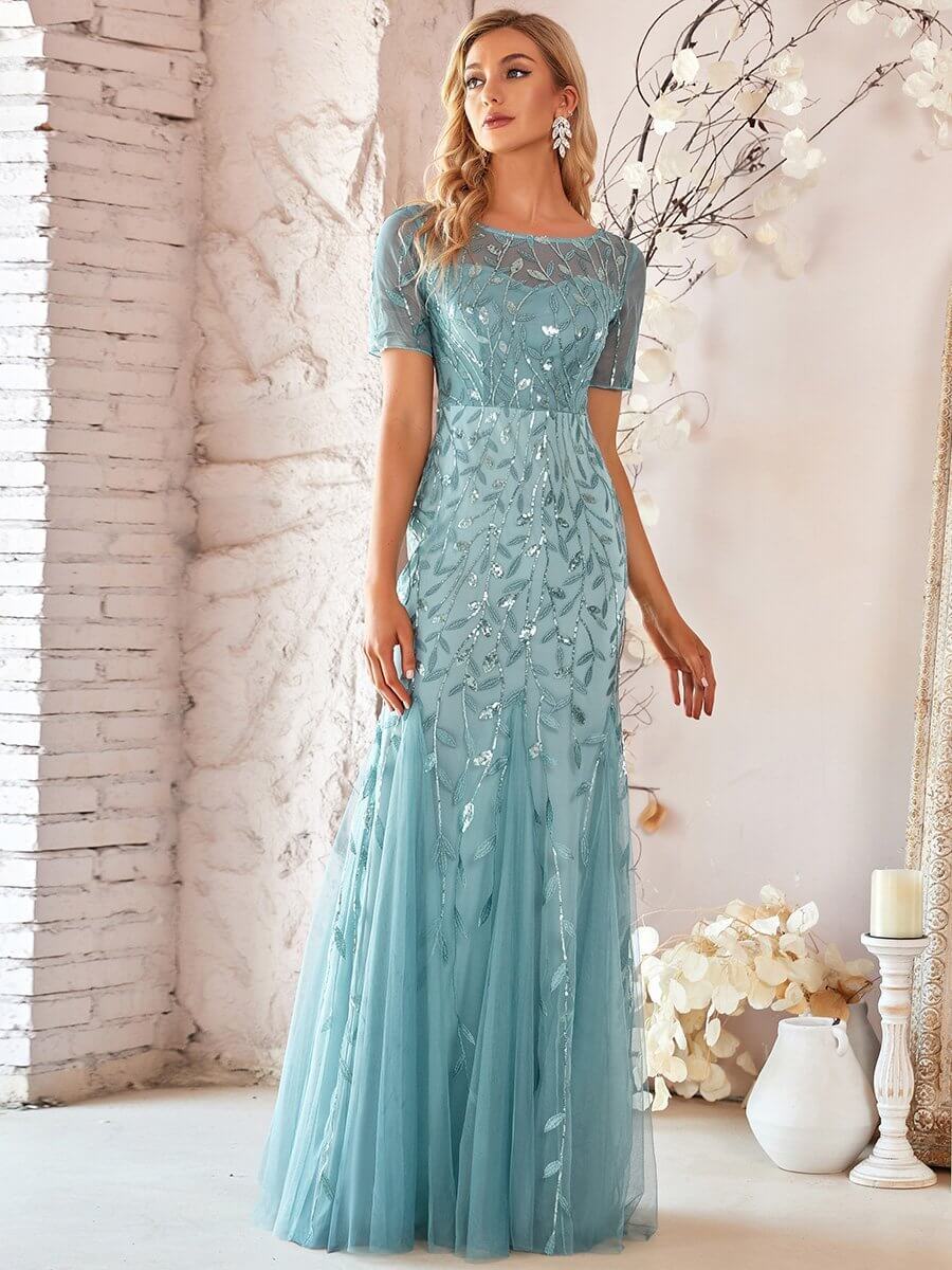 Krystal tulle embroidered leaf pattern dress with sequins in lighter colors - Bay Bridal and Ball Gowns