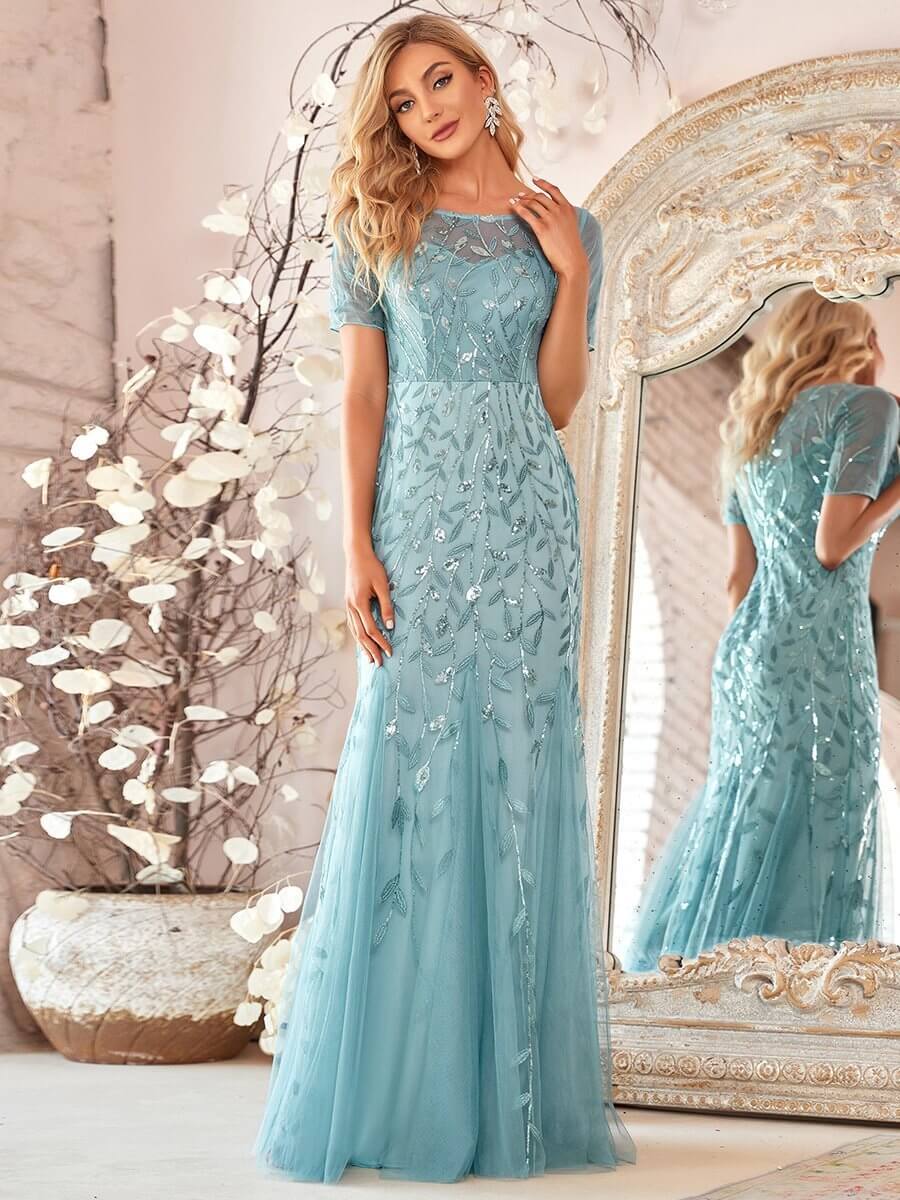 Krystal tulle embroidered leaf pattern dress with sequins in lighter colors - Bay Bridal and Ball Gowns