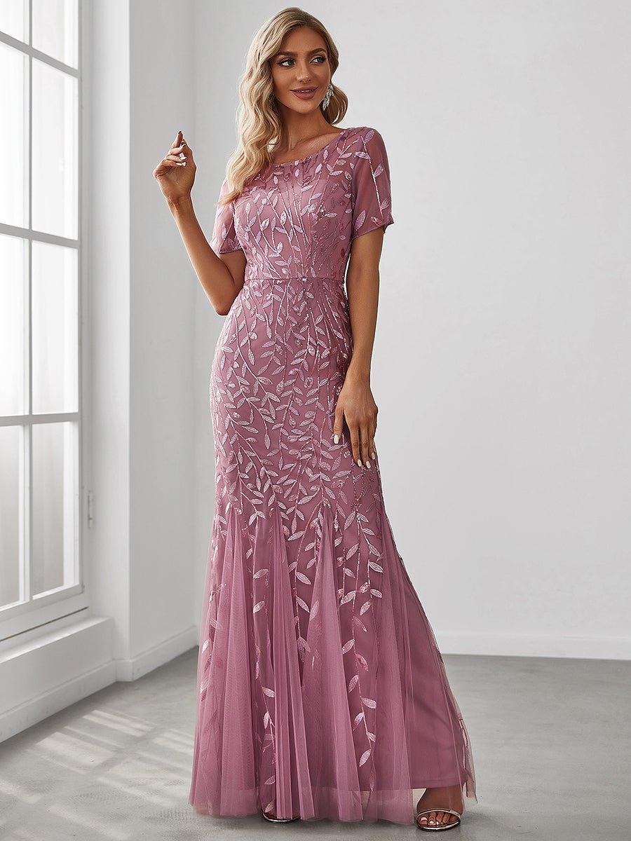 Krystal tulle embroidered leaf pattern dress with sequins in lighter colors - Bay Bridal and Ball Gowns