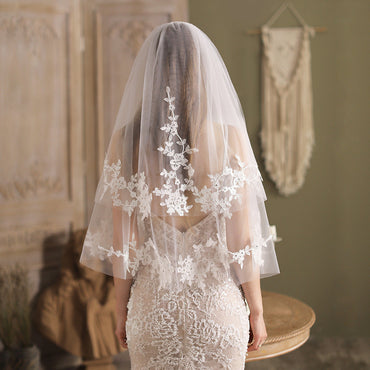 Lace Appliqued Blusher Veil Waist Length-Accessories-Viniodress-Ivory-Viniodress