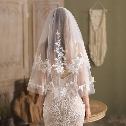 Lace Appliqued Blusher Veil Waist Length-Accessories-Viniodress-Ivory-Viniodress