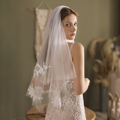 Lace Appliqued Blusher Veil Waist Length-Accessories-Viniodress-Ivory-Viniodress