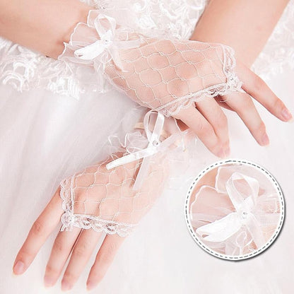 Lace Bowknot Fingerless Cheap Short Wedding Gloves | Bridelily - wedding gloves