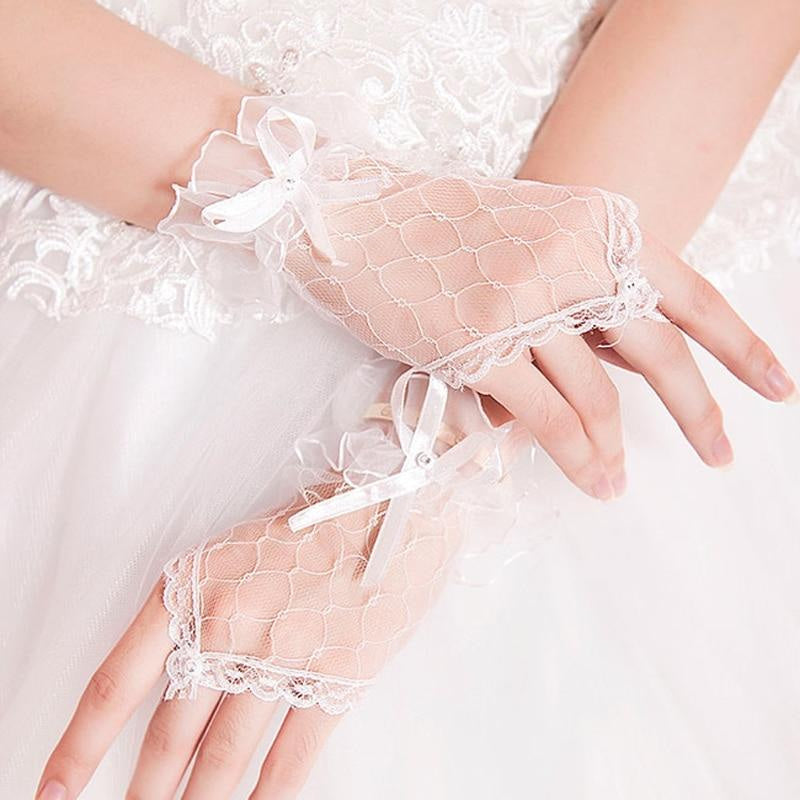 Lace Bowknot Fingerless Cheap Short Wedding Gloves | Bridelily - wedding gloves