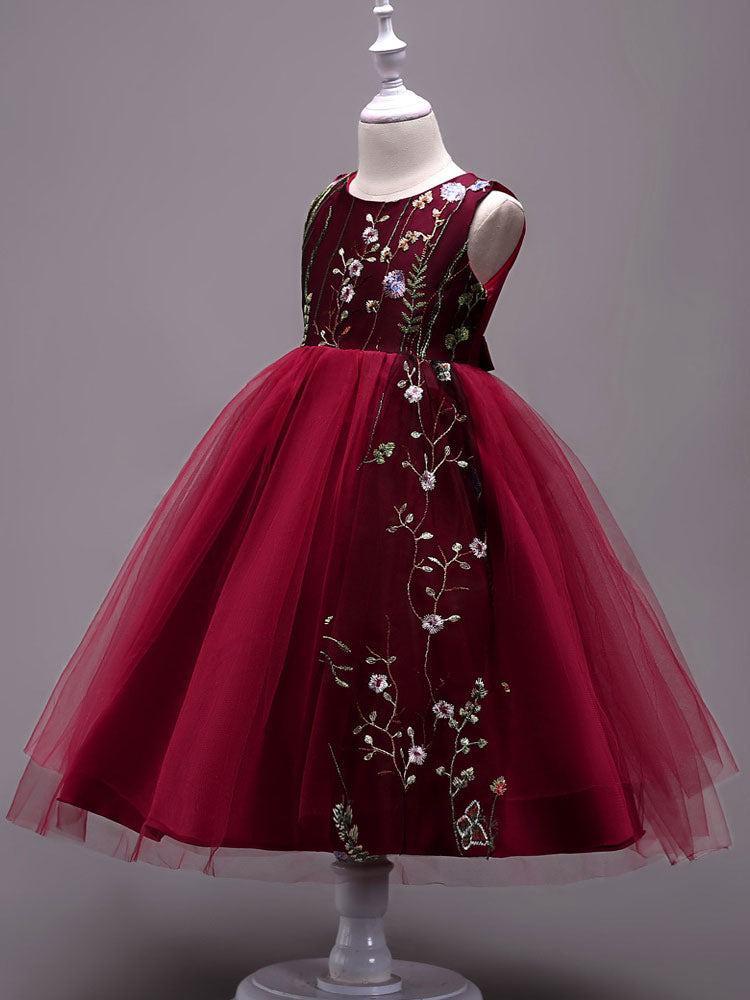 Lace Embroidered Kids Tutu Dress Tulle Sleeveless Burgundy Little Girls Party Dress-showprettydress