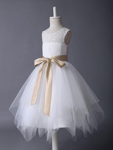 Lace Ivory Tutu Dress Satin Ribbon Bow Sash Illusion Kids Party Dress-showprettydress