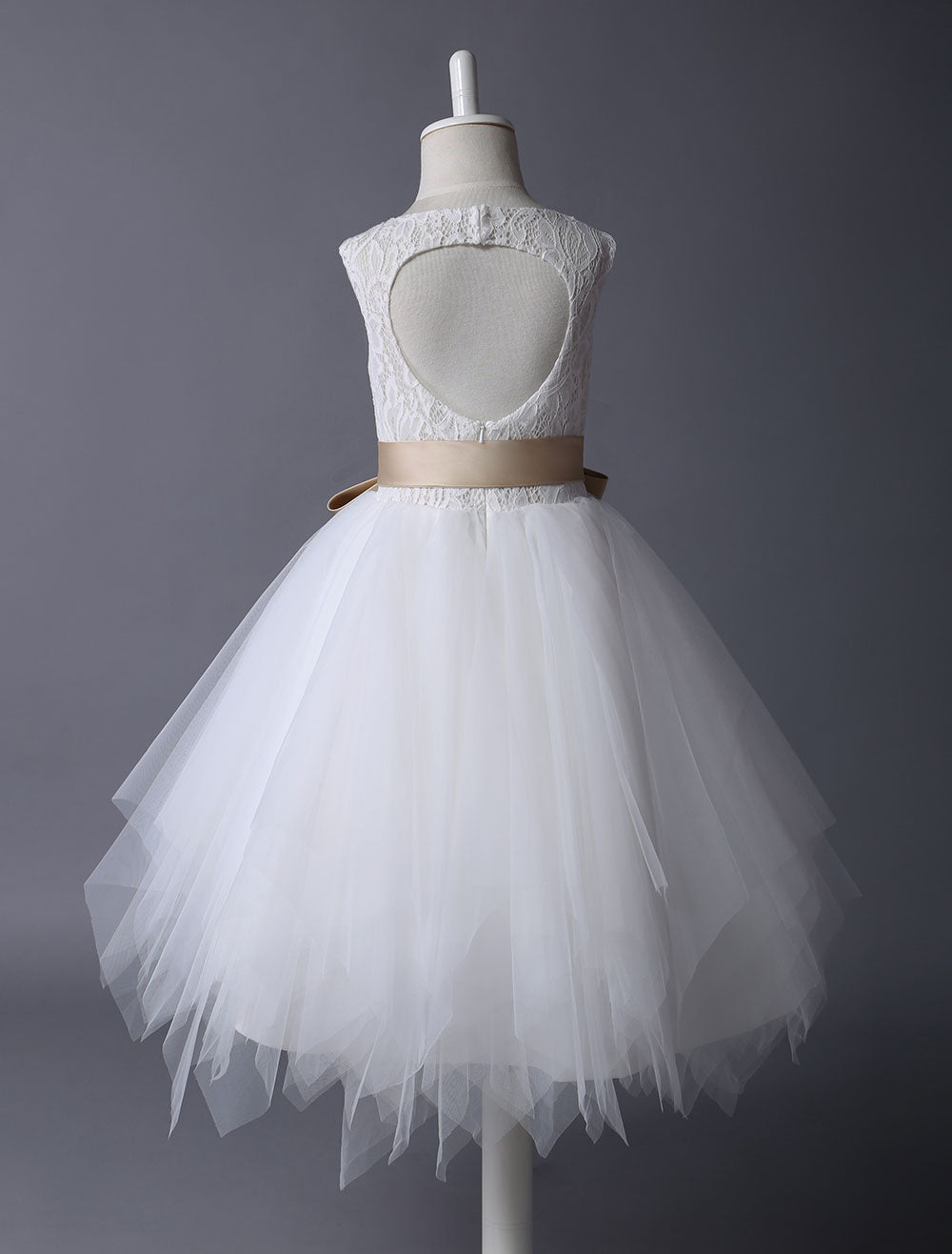 Lace Ivory Tutu Dress Satin Ribbon Bow Sash Illusion Kids Party Dress-showprettydress