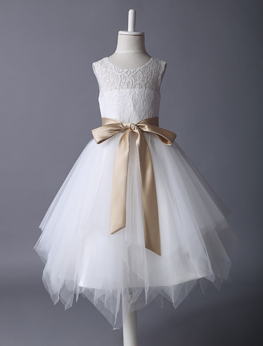 Lace Ivory Tutu Dress Satin Ribbon Bow Sash Illusion Kids Party Dress-showprettydress