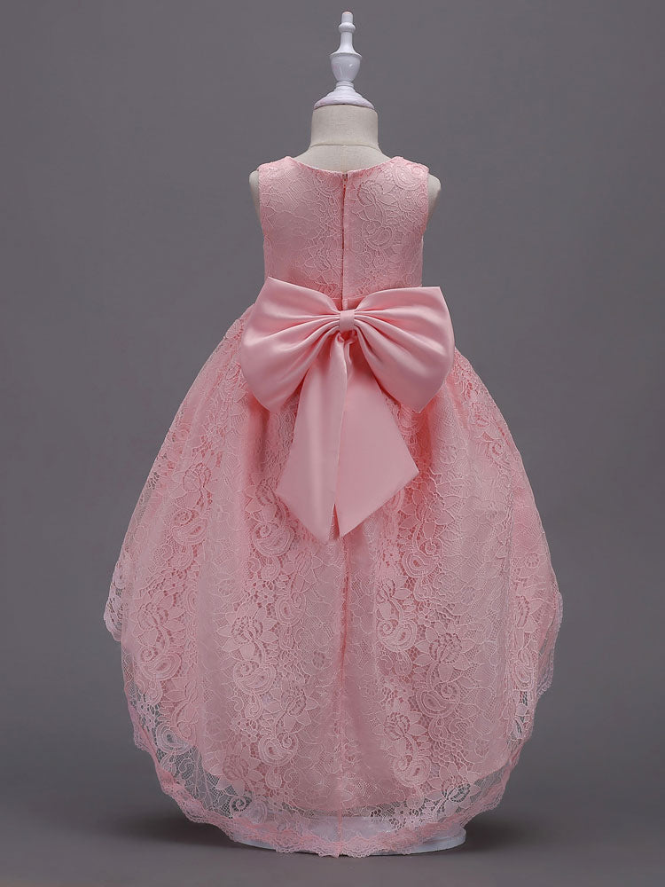 Lace Pink High Low Ball Gowns Sleeveless Bow Sash Princess Party Dresses-showprettydress