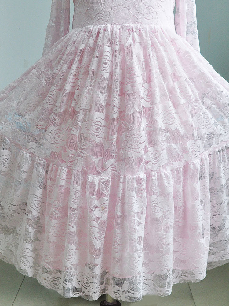 Lace Pink Round Neck Long Sleeve Flower Girl Dress-showprettydress