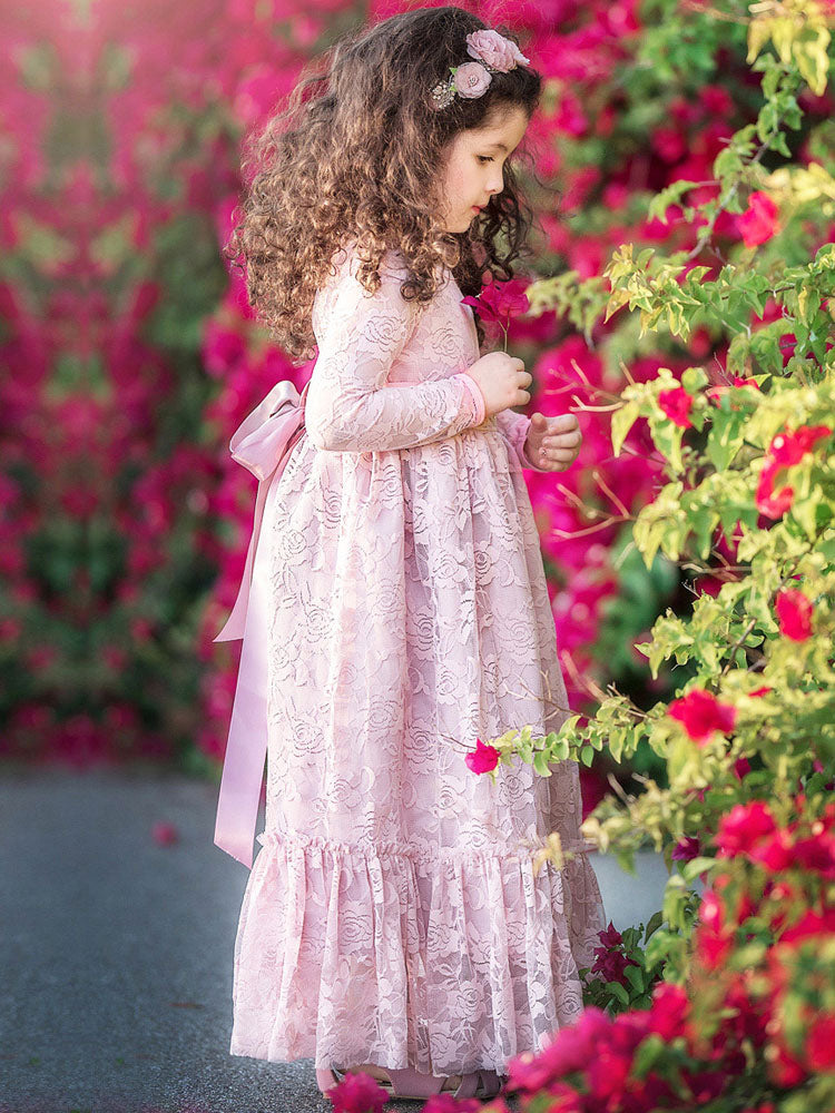 Lace Pink Round Neck Long Sleeve Flower Girl Dress-showprettydress