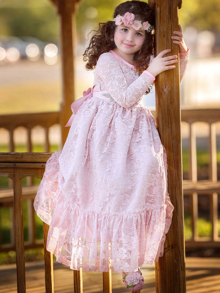 Lace Pink Round Neck Long Sleeve Flower Girl Dress-showprettydress