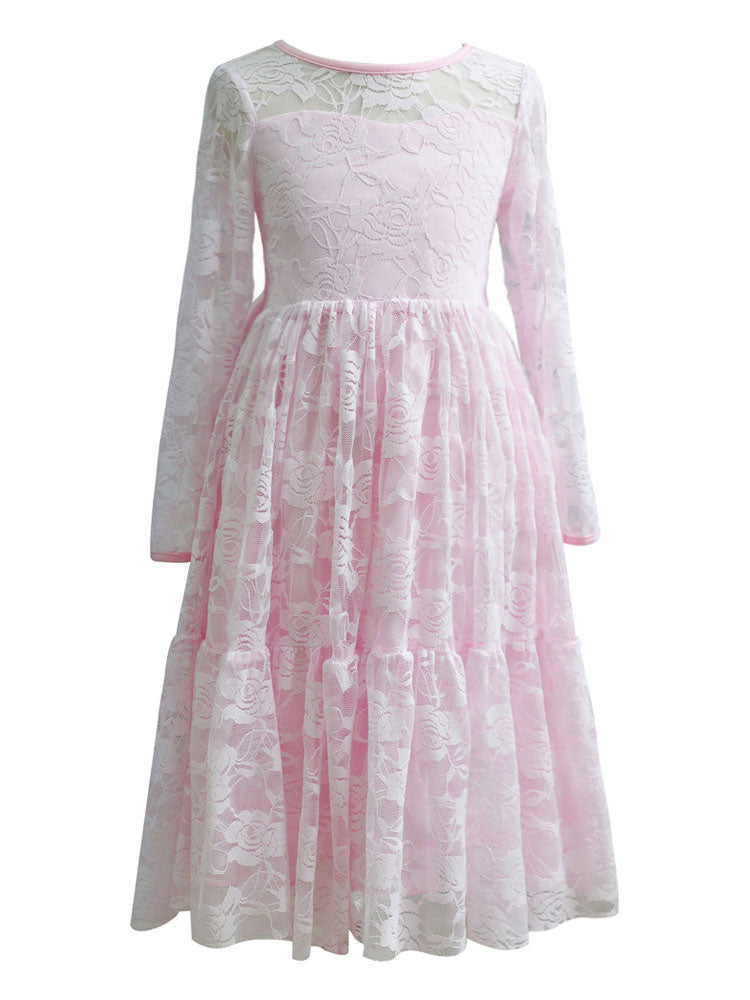 Lace Pink Round Neck Long Sleeve Flower Girl Dress-showprettydress