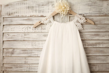 Lace Cap Sleeves Boho Beach Ivory Chiffon Flower Girl Dress