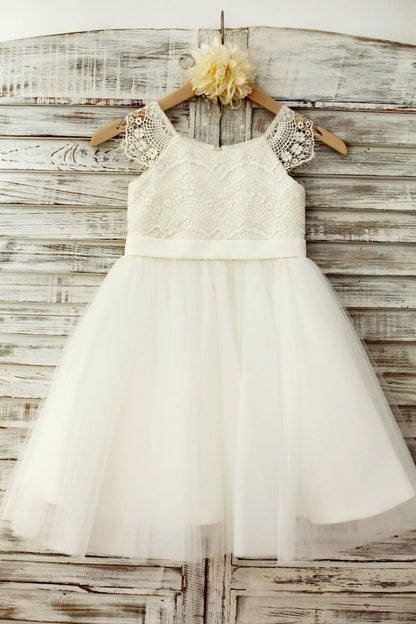 Lace Cap Sleeves Ivory Tulle TUTU Flower Girl Dress