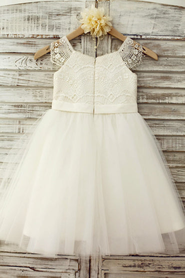 Lace Cap Sleeves Ivory Tulle TUTU Flower Girl Dress